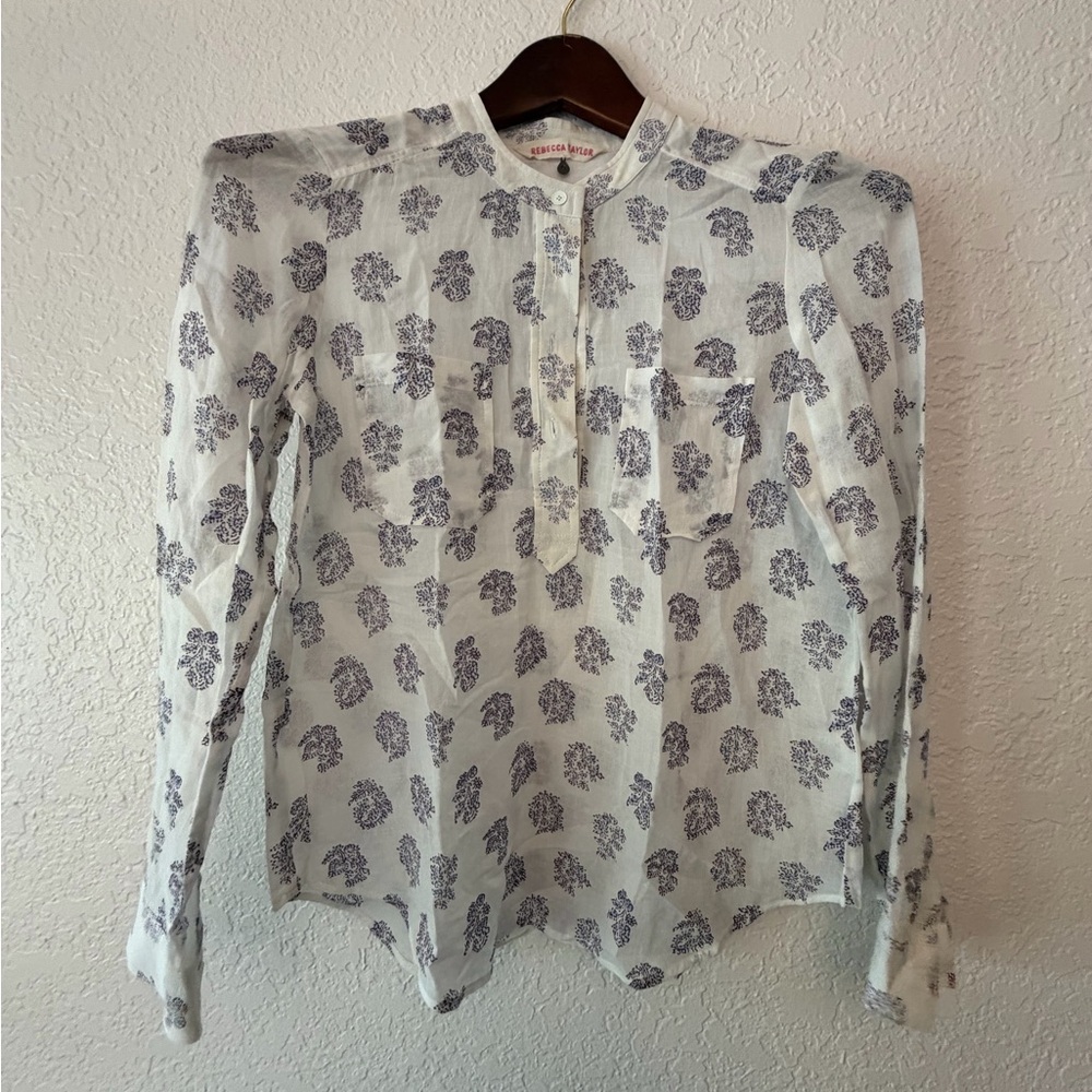Rebecca Taylor Ivory and Navy Patterned Blouse